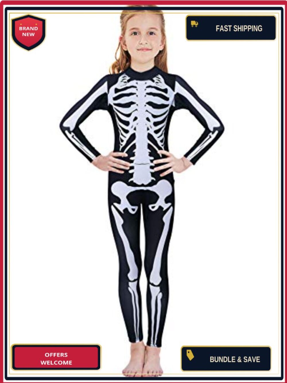 Girls Skeleton Costume Halloween Jumpsuit Zip Back Long Sleeve Kids
